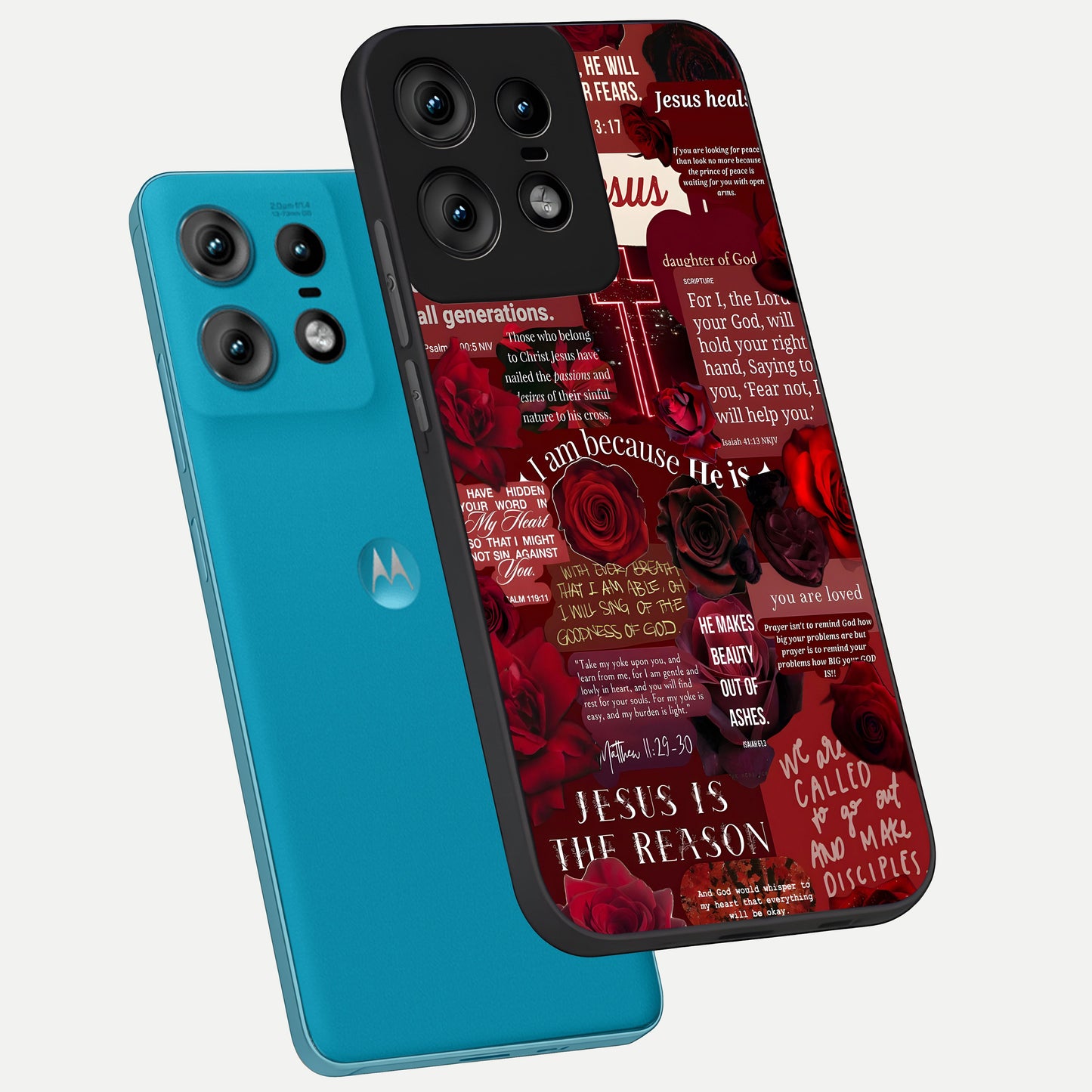  Jesus Love Heals phone case For Moto Edge50 Pro showing premium glass back cover with detailed artwork