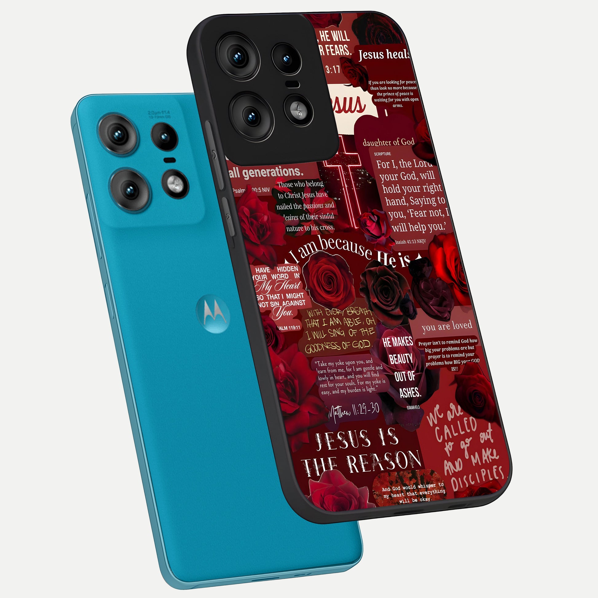  Jesus Love Heals phone case For Moto Edge50 Pro showing premium glass back cover with detailed artwork