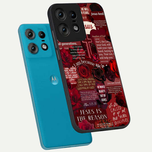  Jesus Love Heals phone case For Moto Edge50 Pro showing premium glass back cover with detailed artwork