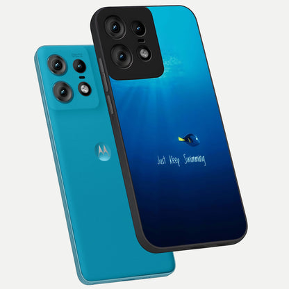  Just Keep Swimming phone case For Moto Edge50 Pro showing premium glass back cover with detailed artwork