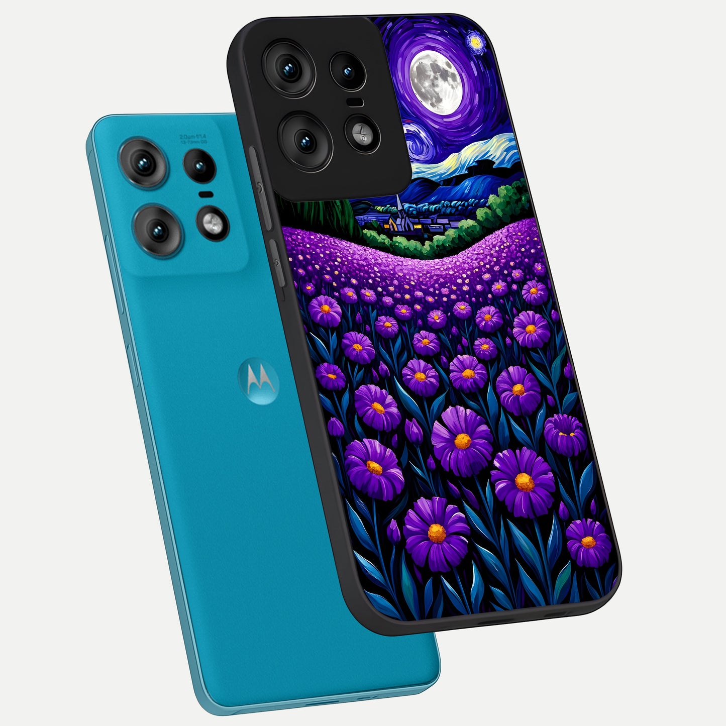  Lavender Moon Field phone case For Moto Edge50 Pro showing premium glass back cover with detailed artwork