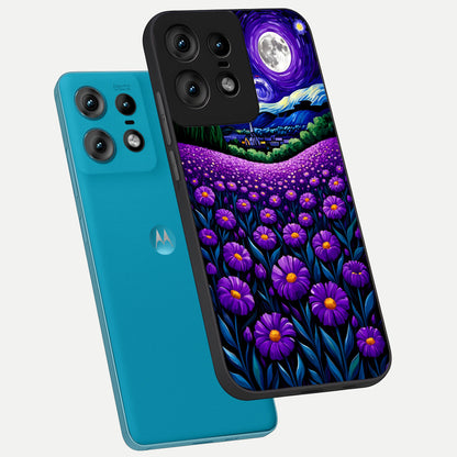 Lavender Moon Field phone case For Moto Edge50 Pro showing premium glass back cover with detailed artwork