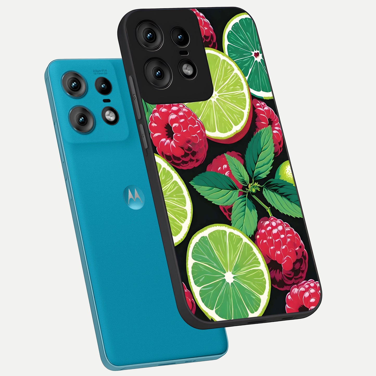 Lime and Raspberry Pattern phone case For Moto Edge50 Pro showing premium glass back cover with detailed artwork
