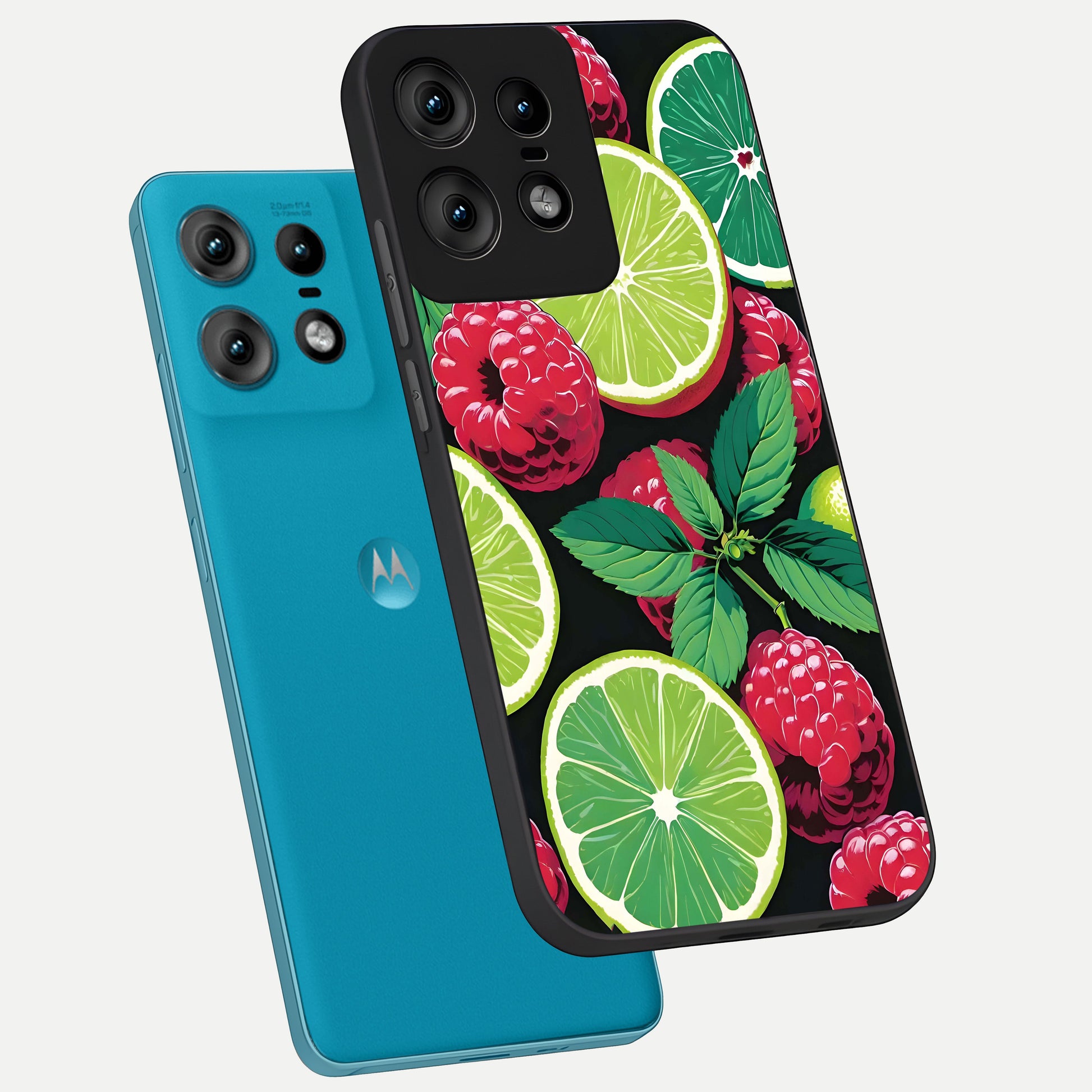  Lime and Raspberry Pattern phone case For Moto Edge50 Pro showing premium glass back cover with detailed artwork