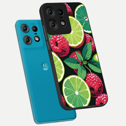  Lime and Raspberry Pattern phone case For Moto Edge50 Pro showing premium glass back cover with detailed artwork