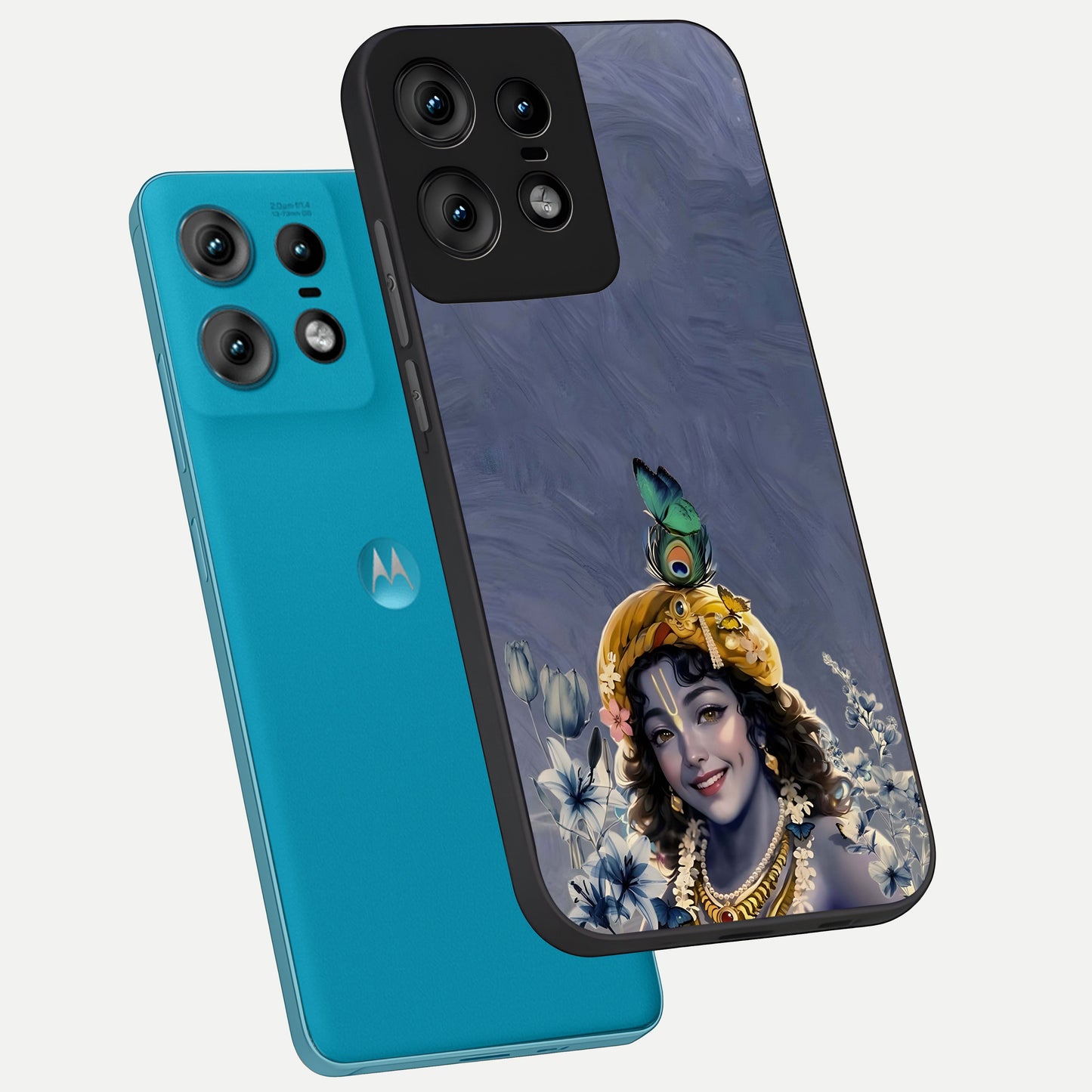  Lord Krishna phone case For Moto Edge50 Pro showing premium glass back cover with detailed artwork