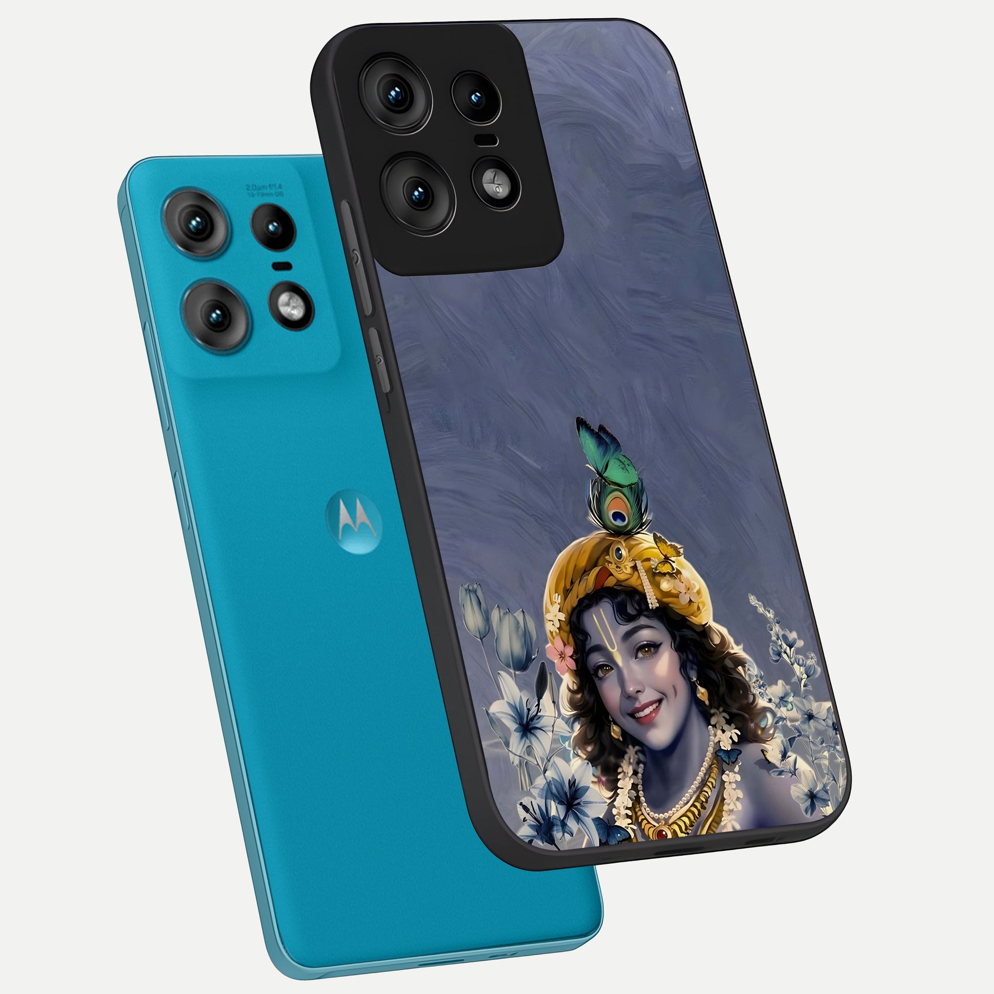  Lord Krishna phone case For Moto Edge50 Pro showing premium glass back cover with detailed artwork