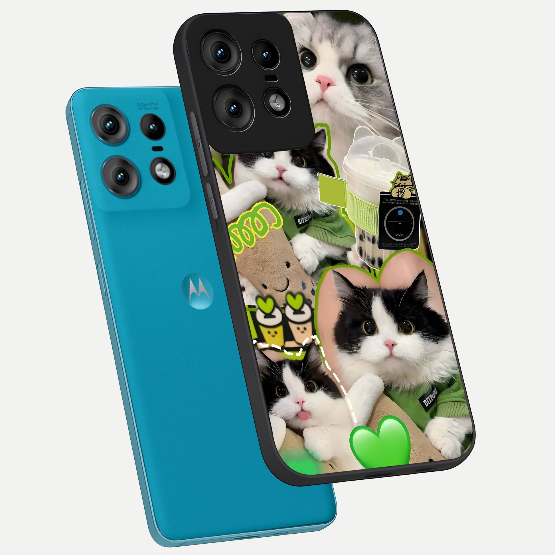  Matcha Cats Mood phone case For Moto Edge50 Pro showing premium glass back cover with detailed artwork