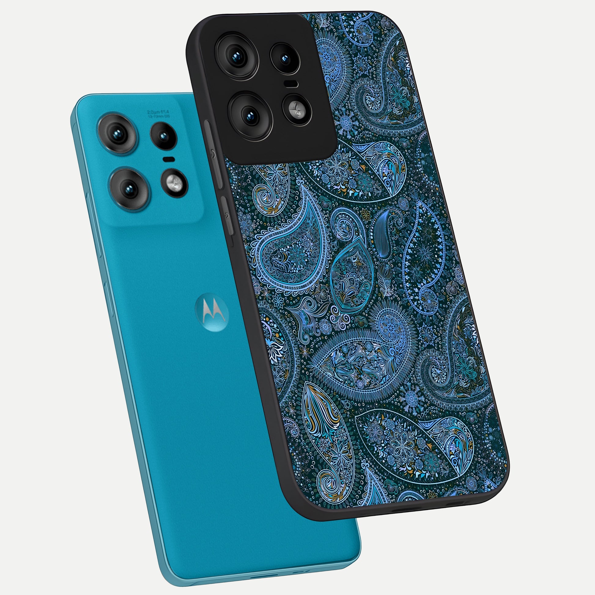  Midnight Paisley Glow phone case For Moto Edge50 Pro showing premium glass back cover with detailed artwork