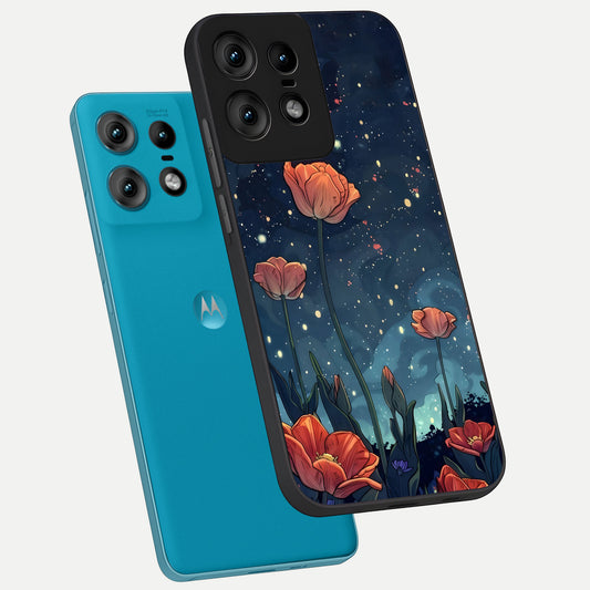  Midnight Tulip Glow phone case For Moto Edge50 Pro showing premium glass back cover with detailed artwork