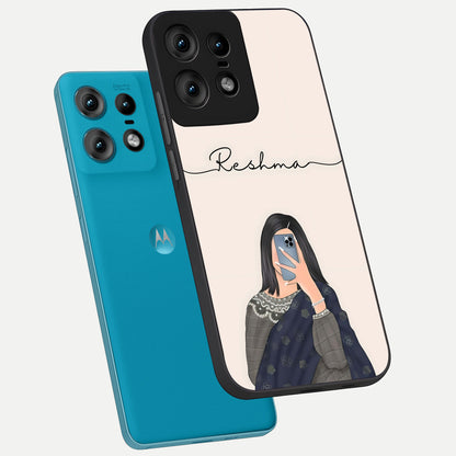  Mirror Mood Muse With Custom Name phone case For Moto Edge50 Pro showing premium glass back cover with detailed artwork