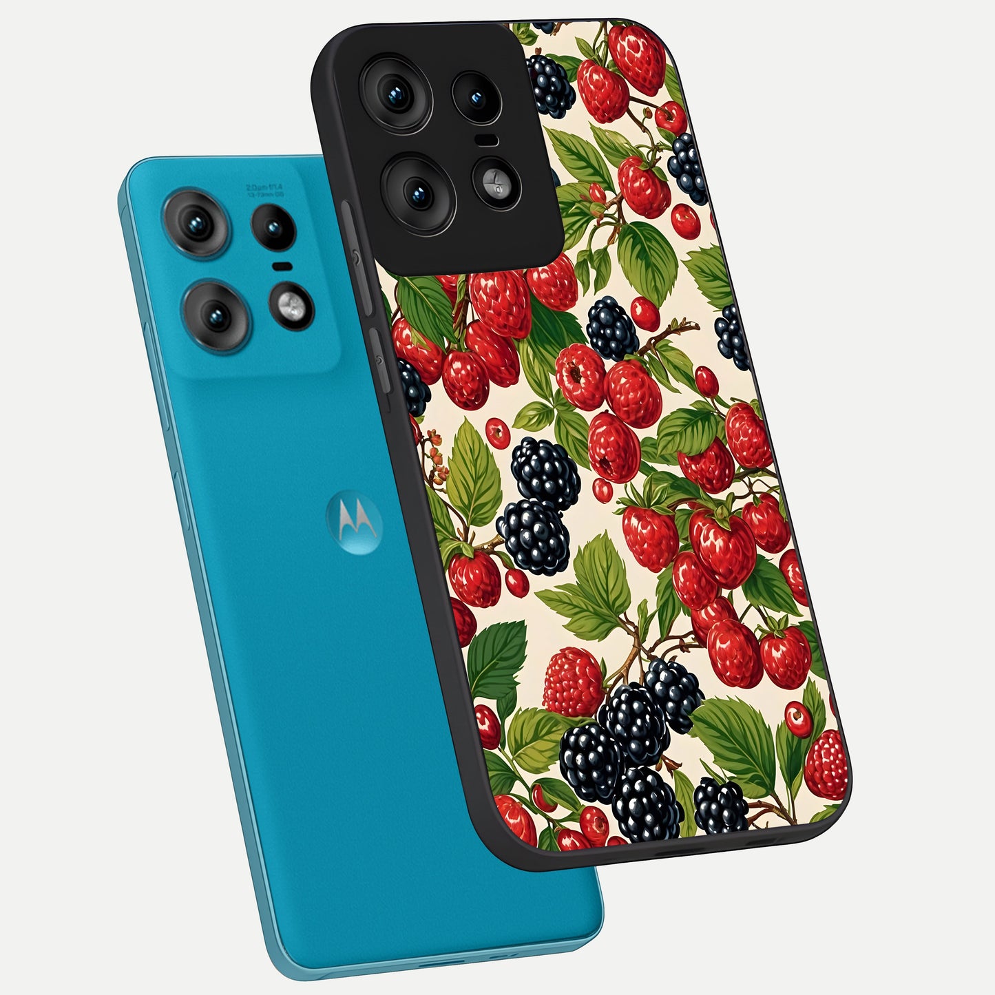  Mixed Berry Collage phone case For Moto Edge50 Pro showing premium glass back cover with detailed artwork