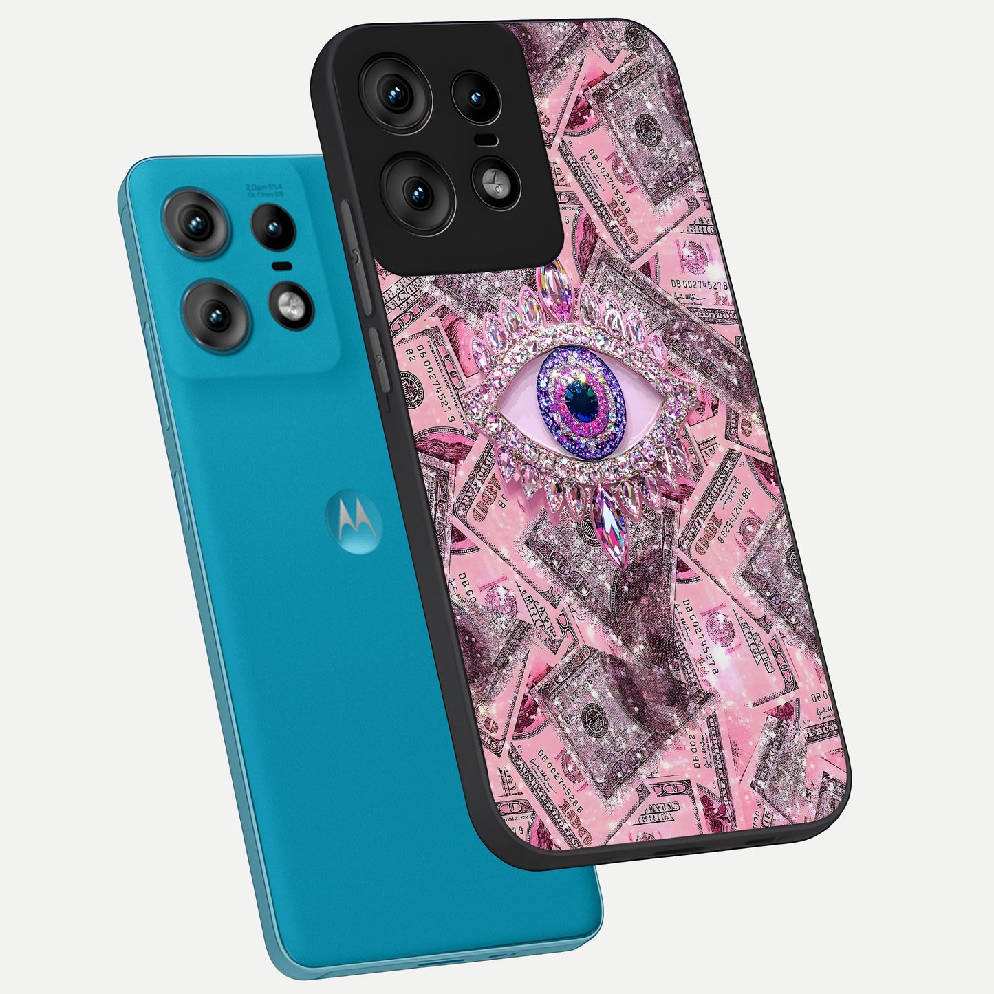  Money Eye Luxe phone case For Moto Edge50 Pro showing premium glass back cover with detailed artwork