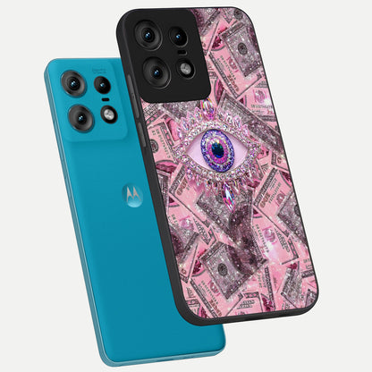  Money Eye Luxe phone case For Moto Edge50 Pro showing premium glass back cover with detailed artwork