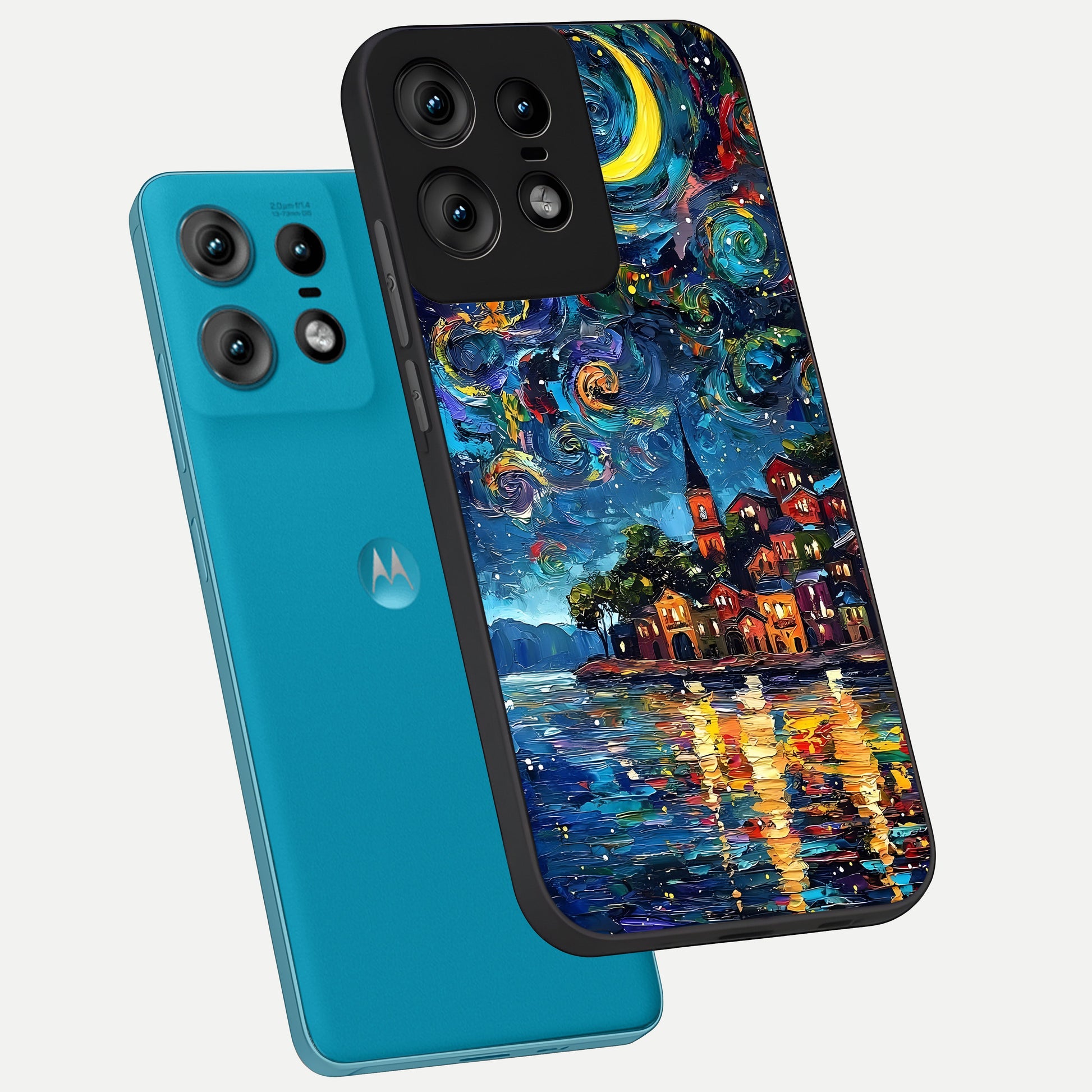 Moonlight Harbor Glow phone case For Moto Edge50 Pro showing premium glass back cover with detailed artwork