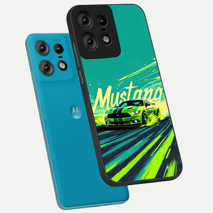  Mustang Bang phone case For Moto Edge50 Pro showing premium glass back cover with detailed artwork