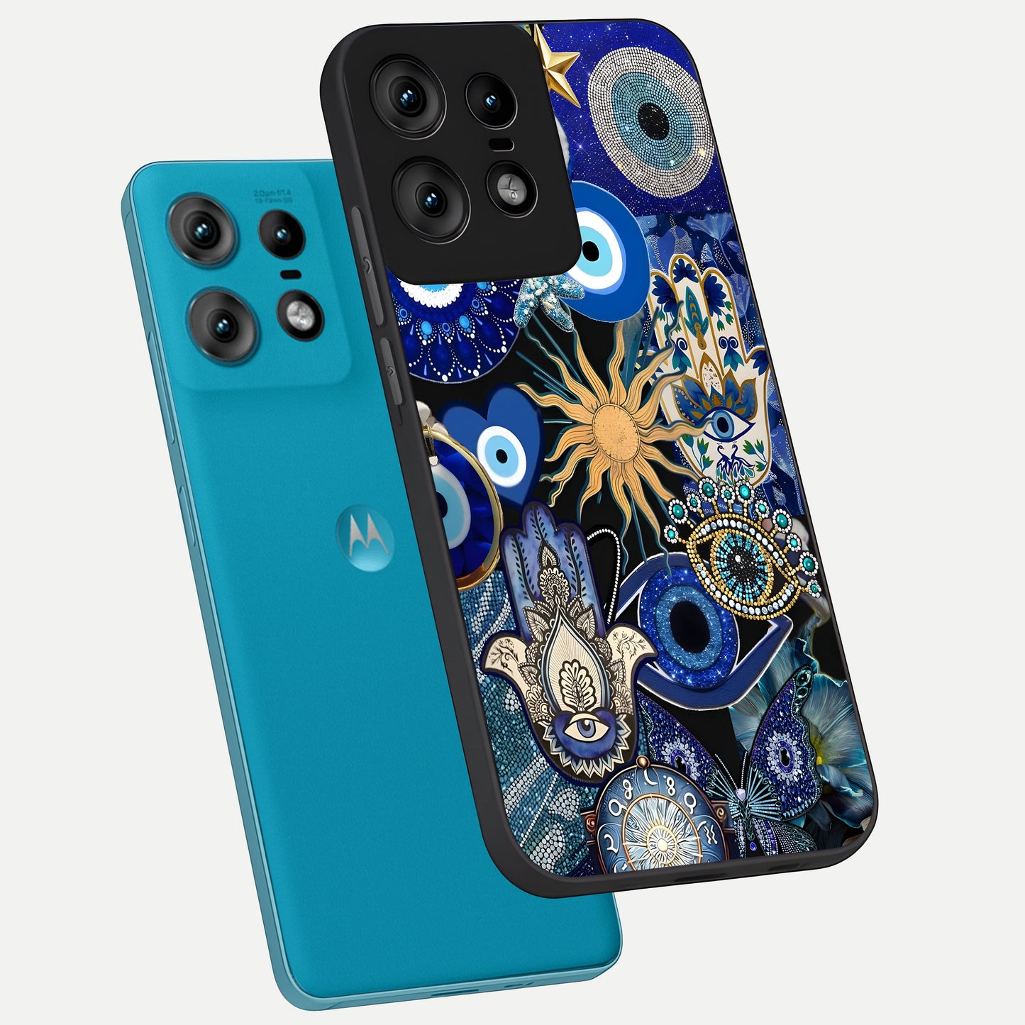  Mystic Blue Evil Eye phone case For Moto Edge50 Pro showing premium glass back cover with detailed artwork