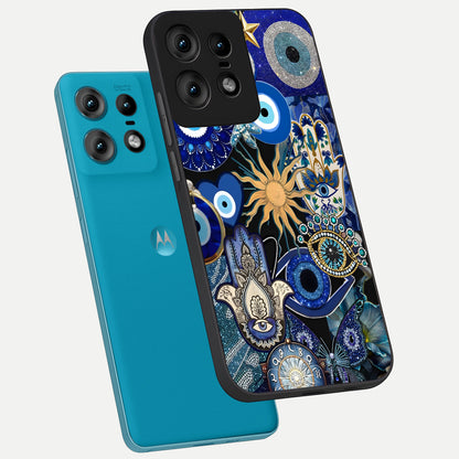  Mystic Blue Evil Eye phone case For Moto Edge50 Pro showing premium glass back cover with detailed artwork