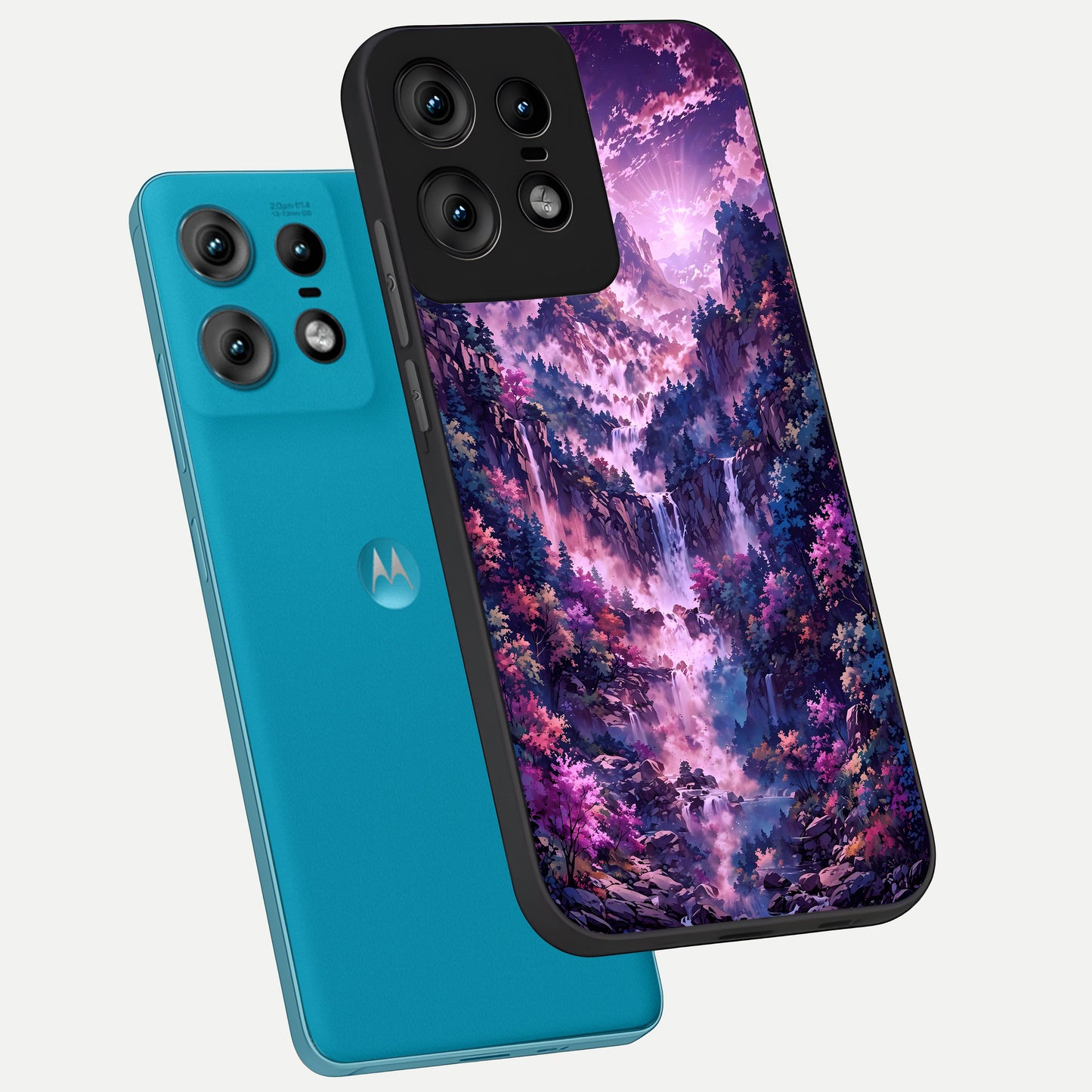  Mystic Cascade Peaks phone case For Moto Edge50 Pro showing premium glass back cover with detailed artwork