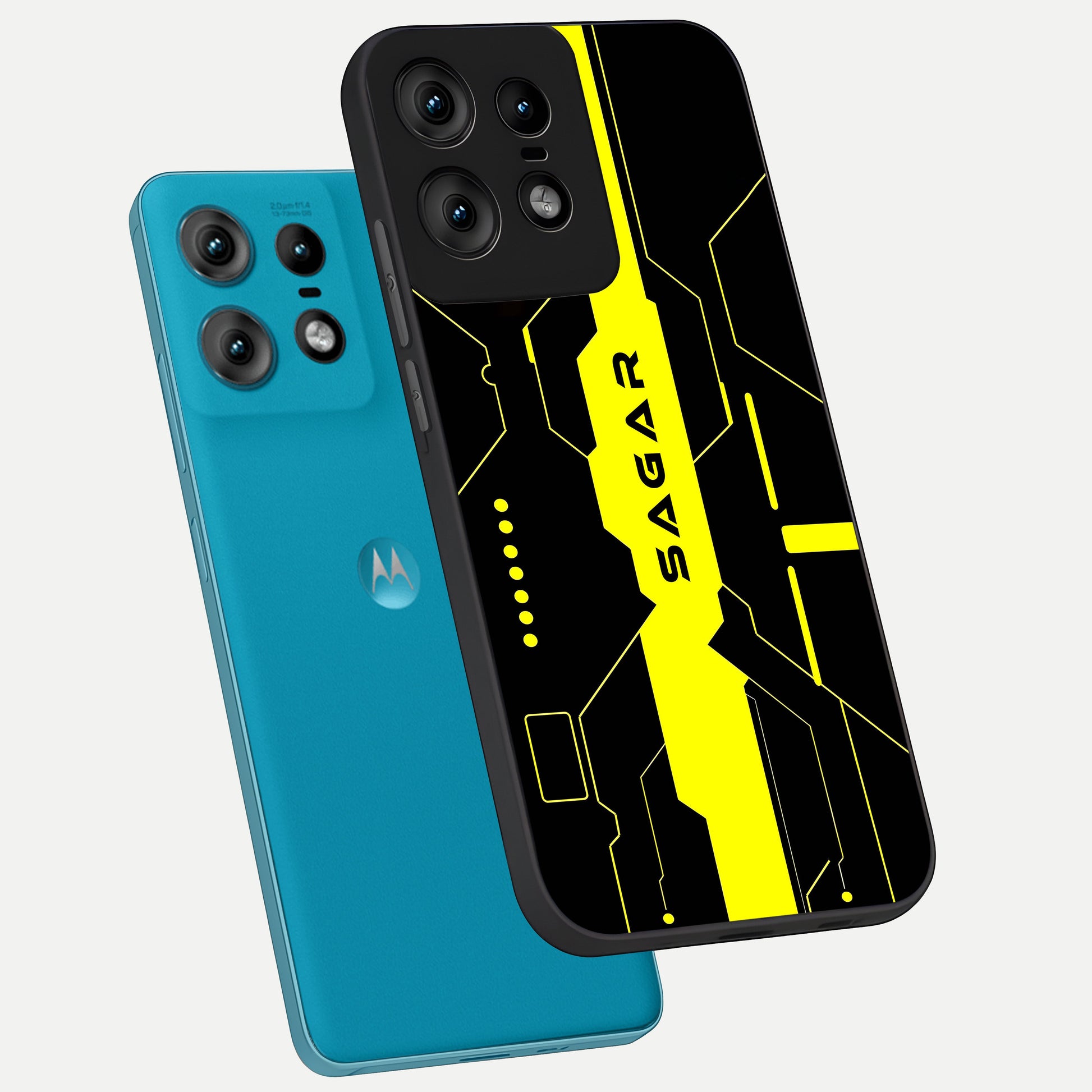  Neon CYBERPUNK Custom Name phone case For Moto Edge50 Pro showing premium glass back cover with detailed artwork