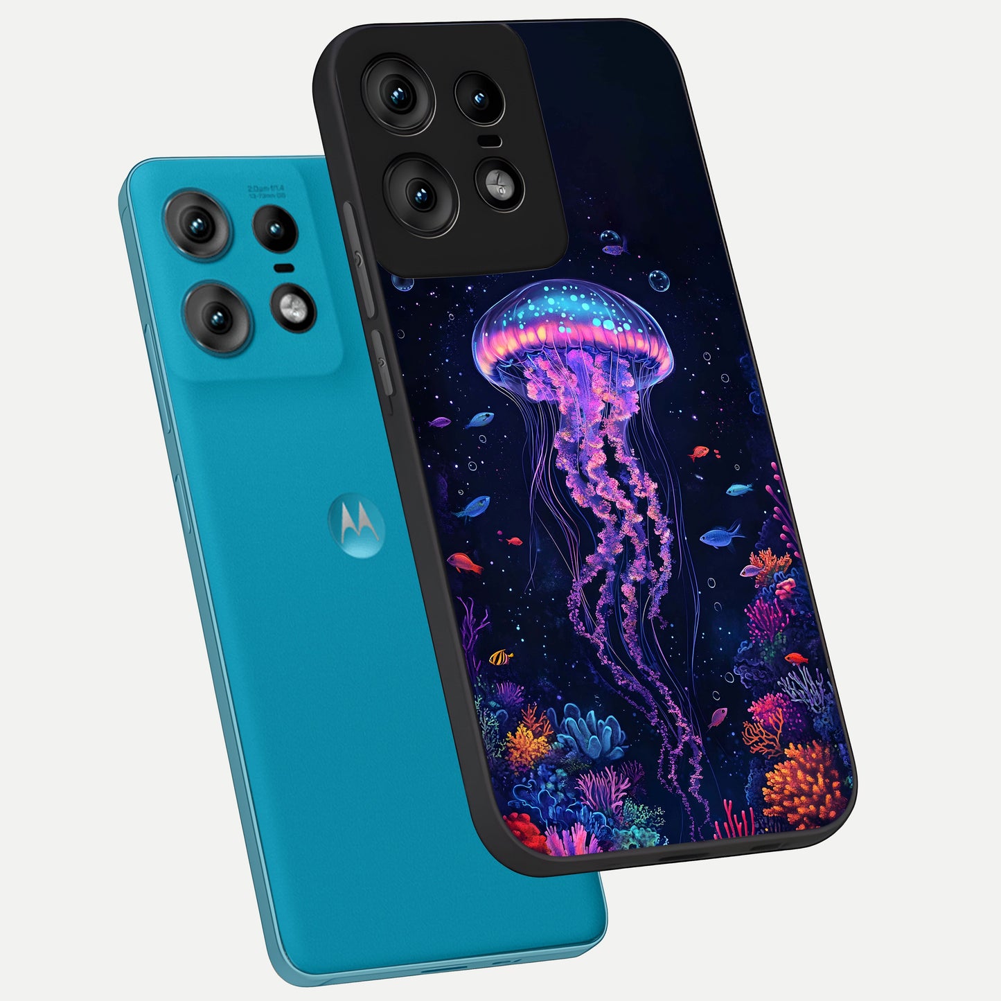  Neon Jellyfish phone case For Moto Edge50 Pro showing premium glass back cover with detailed artwork