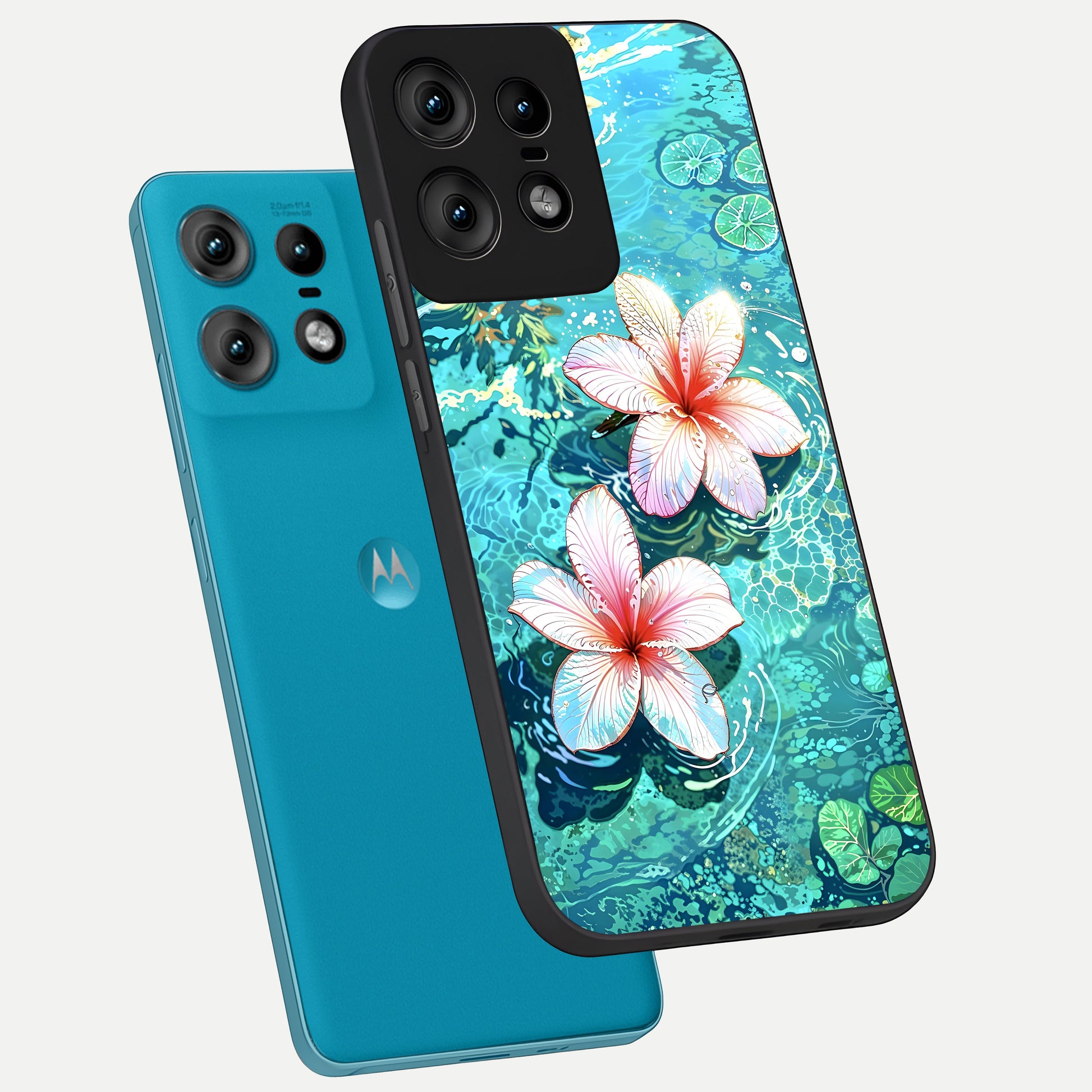  Pink Flowers in Water phone case For Moto Edge50 Pro showing premium glass back cover with detailed artwork