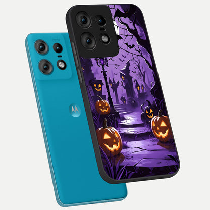  Pumpkin Patch Halloween phone case For Moto Edge50 Pro showing premium glass back cover with detailed artwork