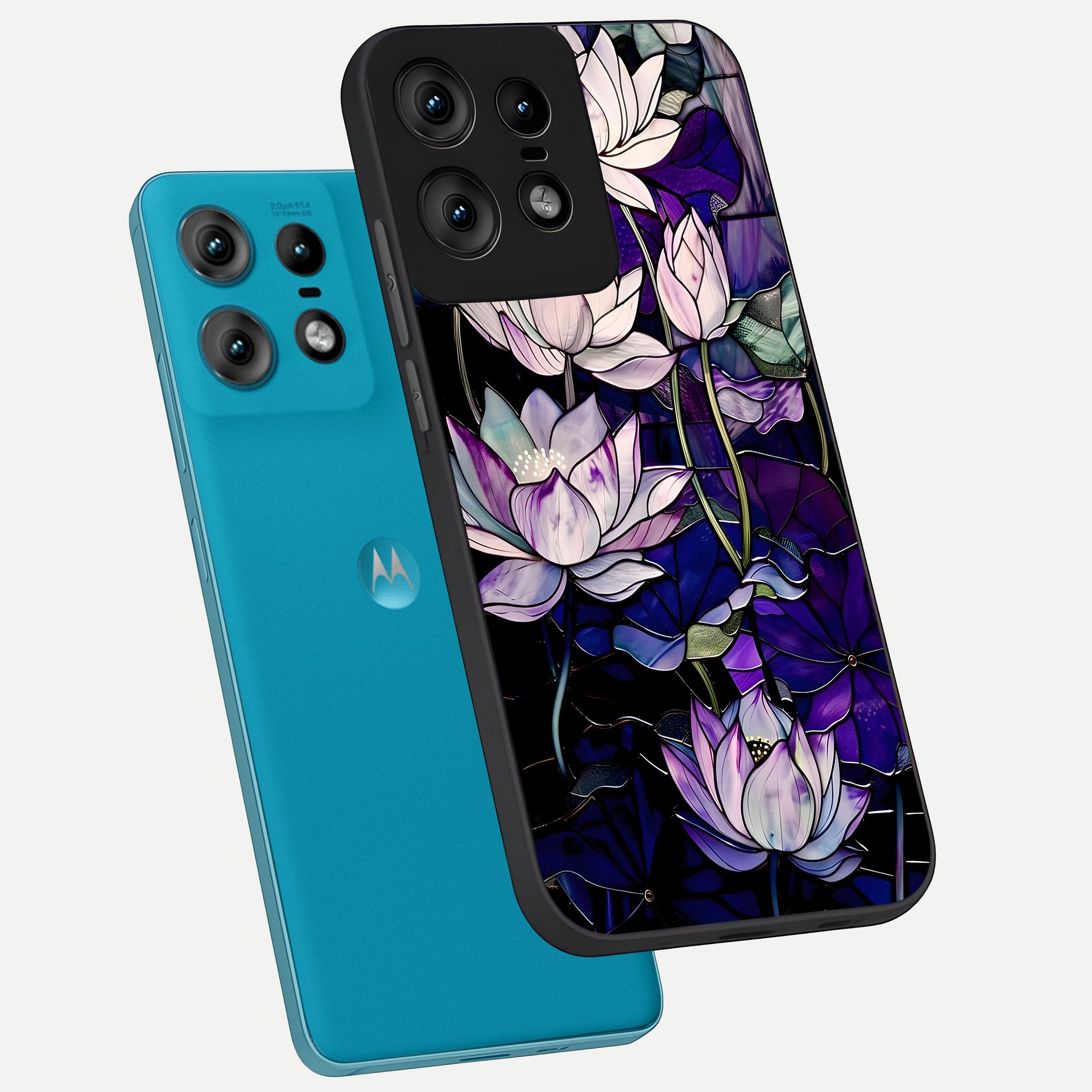  Purple Lotus Pattern phone case For Moto Edge50 Pro showing premium glass back cover with detailed artwork