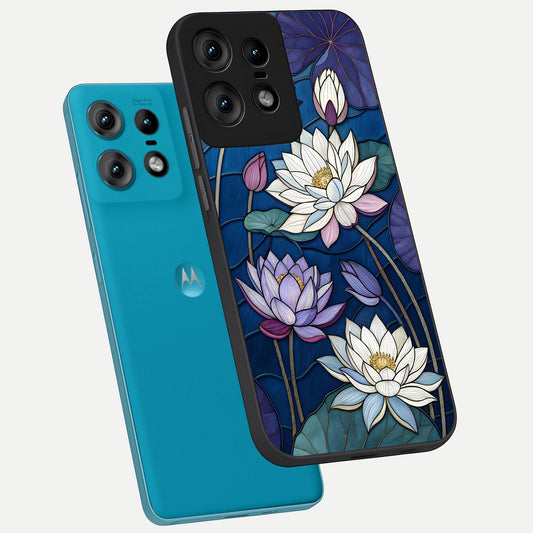  Purple Lotus Stained phone case For Moto Edge50 Pro showing premium glass back cover with detailed artwork