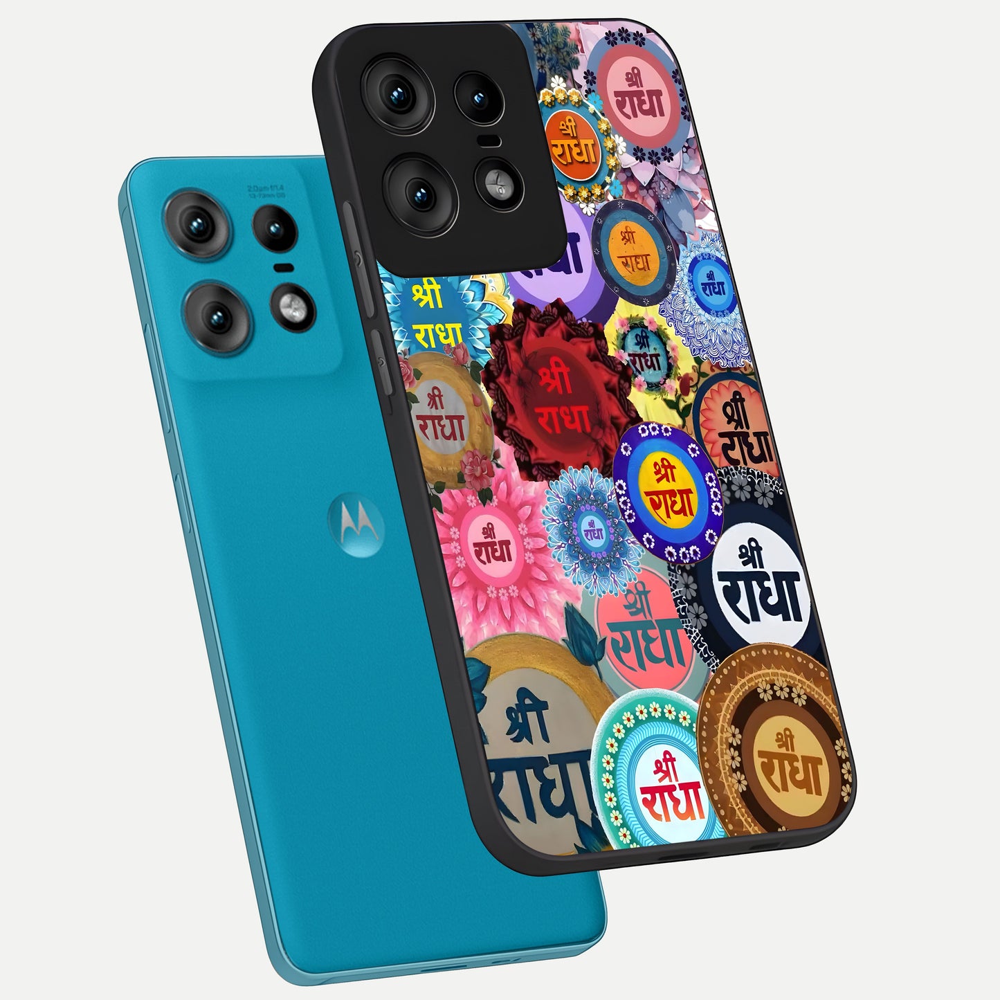  Radha Divine Bloom phone case For Moto Edge50 Pro showing premium glass back cover with detailed artwork