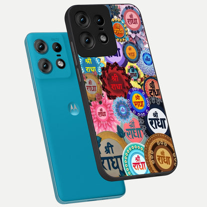  Radha Divine Bloom phone case For Moto Edge50 Pro showing premium glass back cover with detailed artwork