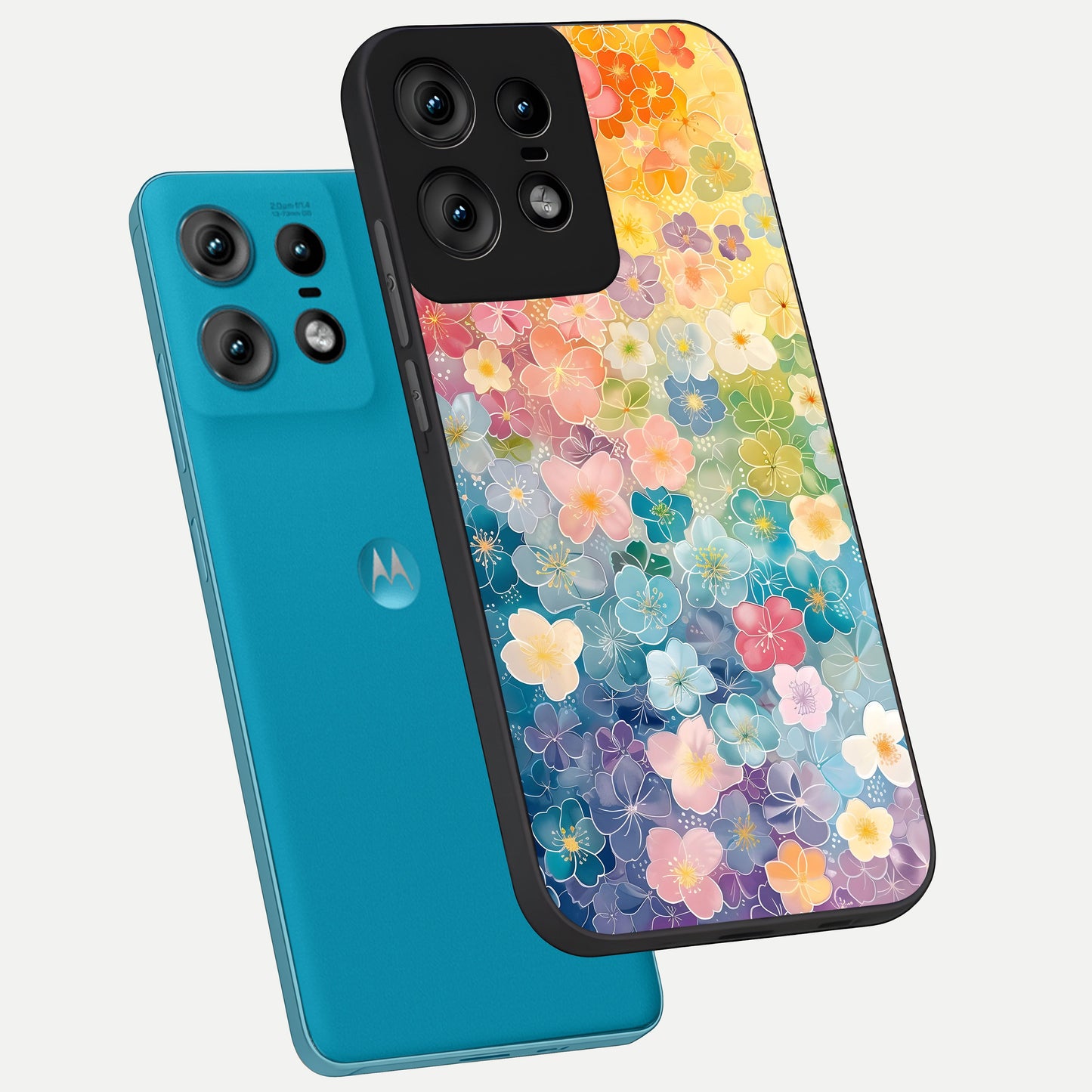  Rainbow Blossom Burst phone case For Moto Edge50 Pro showing premium glass back cover with detailed artwork