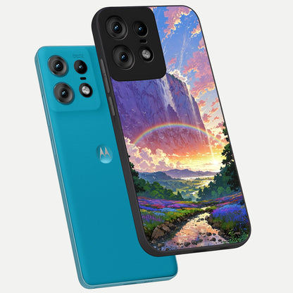  Rainbow Valley Dream phone case For Moto Edge50 Pro showing premium glass back cover with detailed artwork