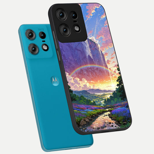  Rainbow Valley Dream phone case For Moto Edge50 Pro showing premium glass back cover with detailed artwork