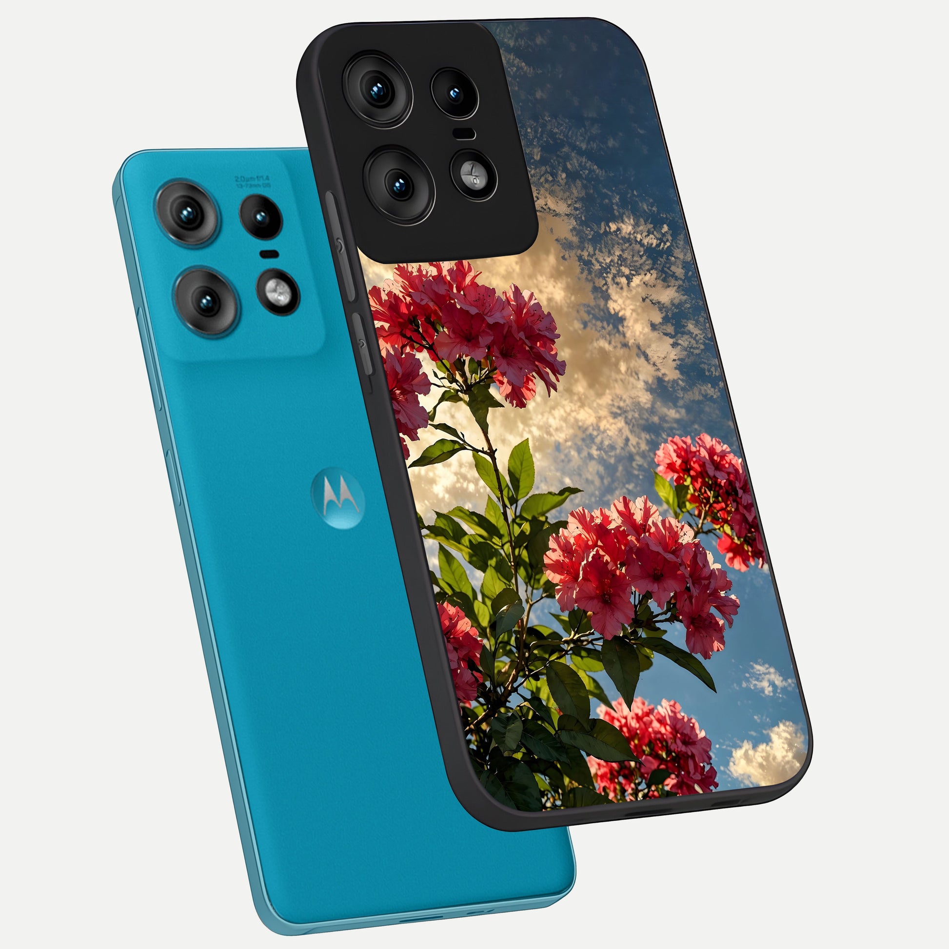  Red Bloom Skies phone case For Moto Edge50 Pro showing premium glass back cover with detailed artwork