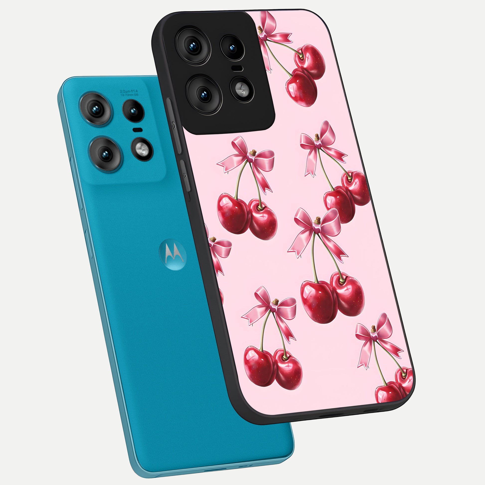  Red Cherries Pattern phone case For Moto Edge50 Pro showing premium glass back cover with detailed artwork