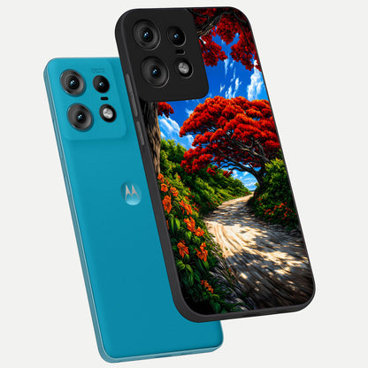  Red Trees Pathway phone case For Moto Edge50 Pro showing premium glass back cover with detailed artwork