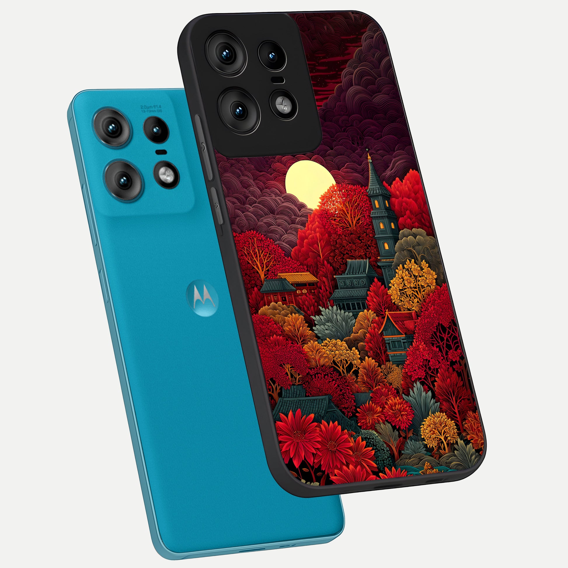  Scarlet Autumn Temple phone case For Moto Edge50 Pro showing premium glass back cover with detailed artwork