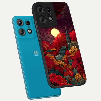  Scarlet Autumn Temple phone case For Moto Edge50 Pro showing premium glass back cover with detailed artwork