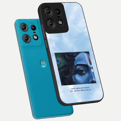  Spiritual Krishna phone case For Moto Edge50 Pro showing premium glass back cover with detailed artwork
