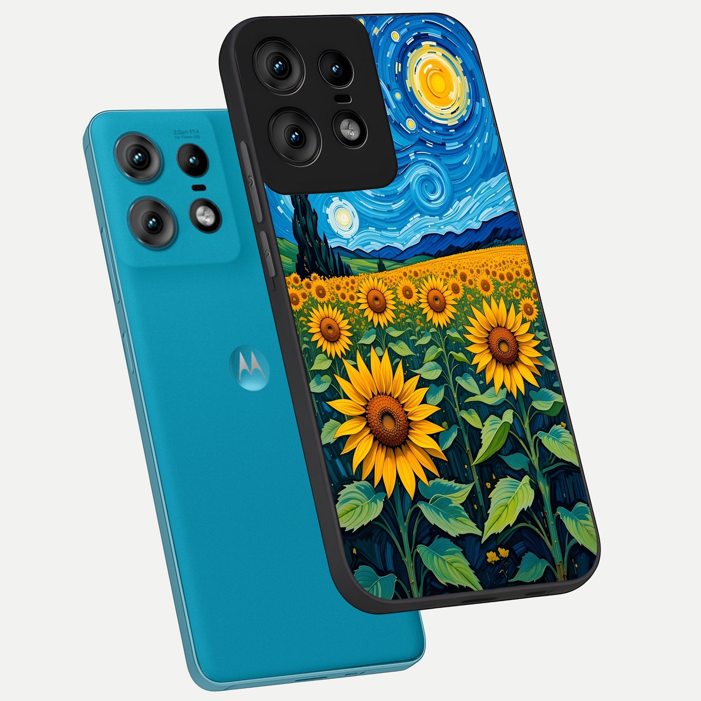  Starry Sunflower Dreams phone case For Moto Edge50 Pro showing premium glass back cover with detailed artwork