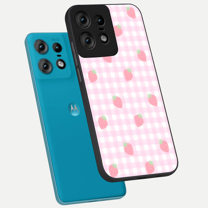  Strawberry Picnic Love phone case For Moto Edge50 Pro showing premium glass back cover with detailed artwork