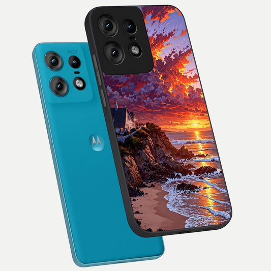  Sunset House By Sea phone case For Moto Edge50 Pro showing premium glass back cover with detailed artwork