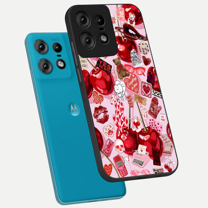  Sweet Cherry Chaos phone case For Moto Edge50 Pro showing premium glass back cover with detailed artwork