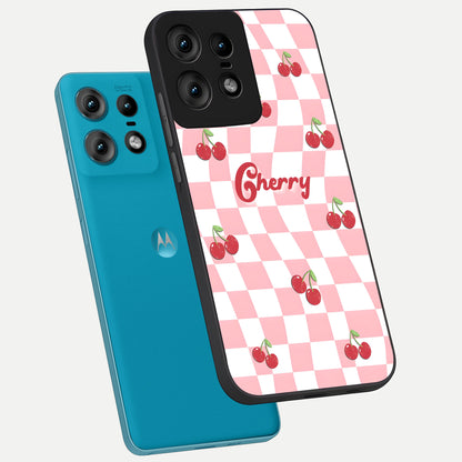  Sweet Cherry Vibes phone case For Moto Edge50 Pro showing premium glass back cover with detailed artwork