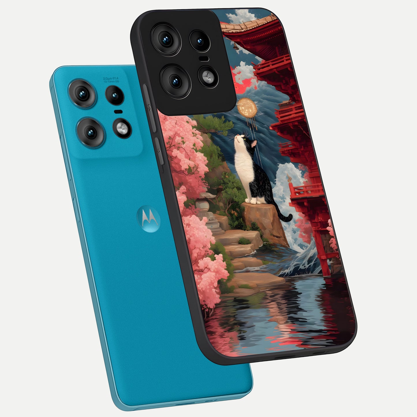  Temple Cat Scenery phone case For Moto Edge50 Pro showing premium glass back cover with detailed artwork