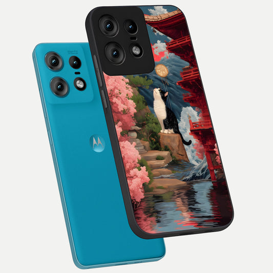  Temple Cat Scenery phone case For Moto Edge50 Pro showing premium glass back cover with detailed artwork