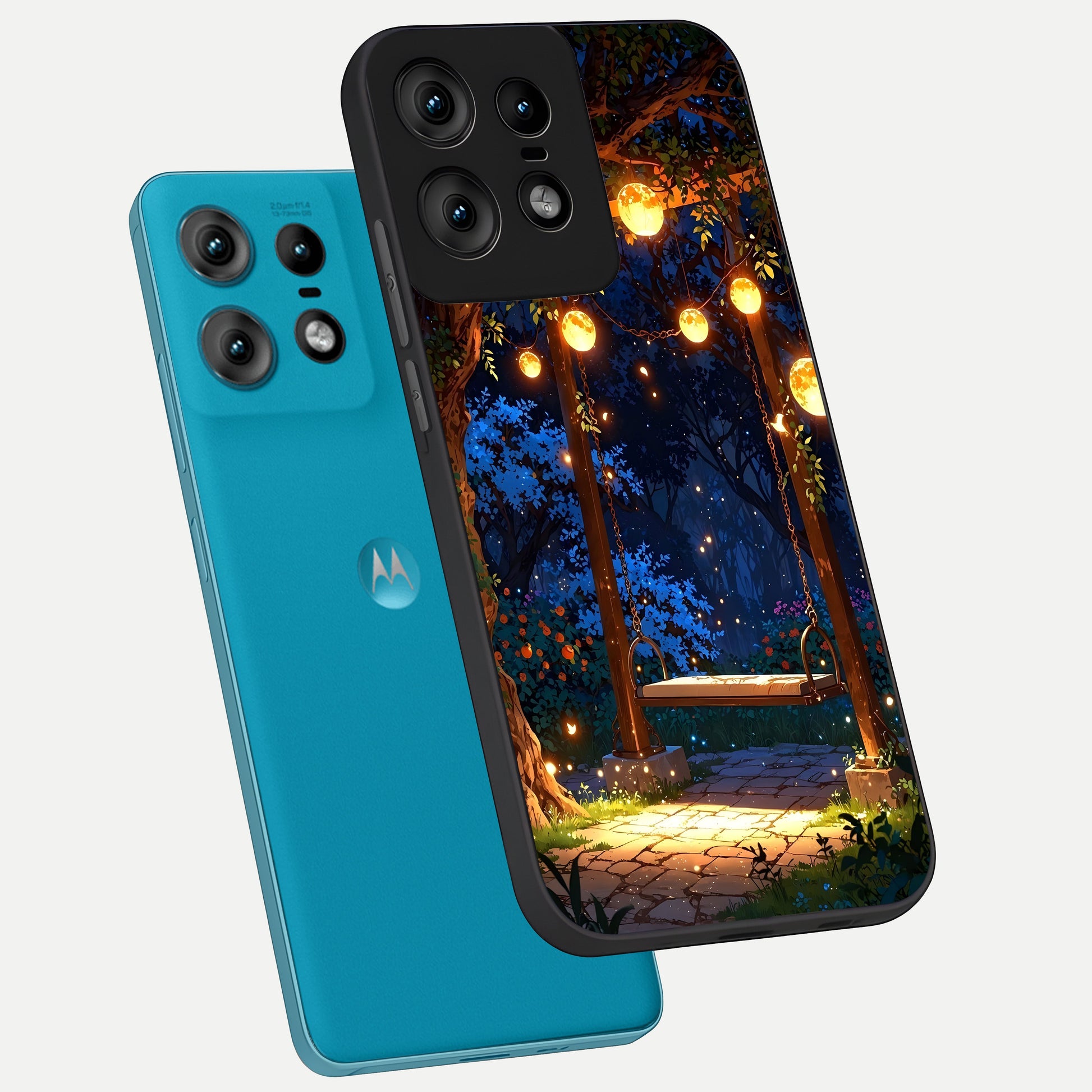  Twilight Garden Swing phone case For Moto Edge50 Pro showing premium glass back cover with detailed artwork
