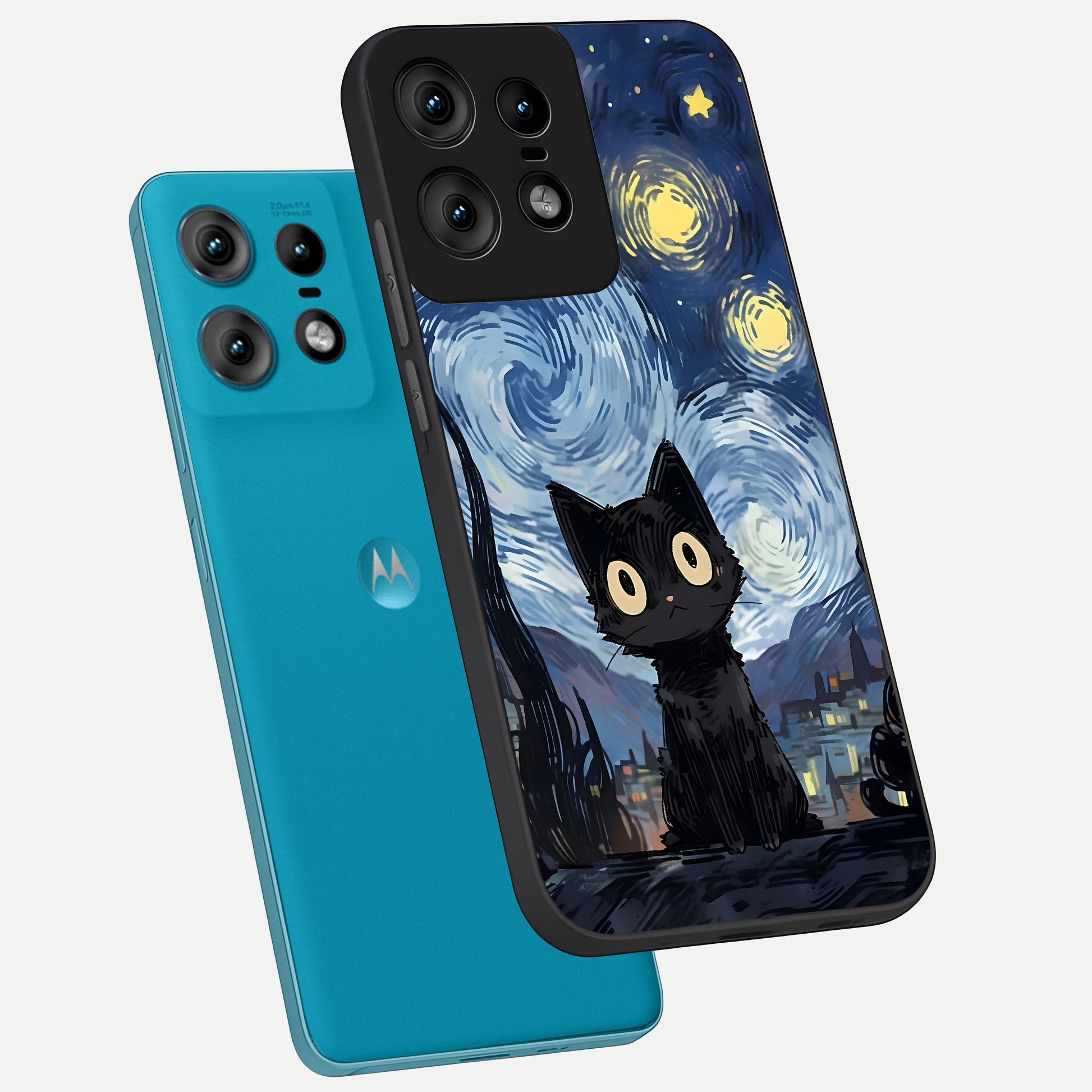  Van Gogh Cat phone case For Moto Edge50 Pro showing premium glass back cover with detailed artwork