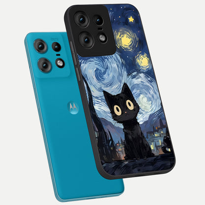  Van Gogh Cat phone case For Moto Edge50 Pro showing premium glass back cover with detailed artwork